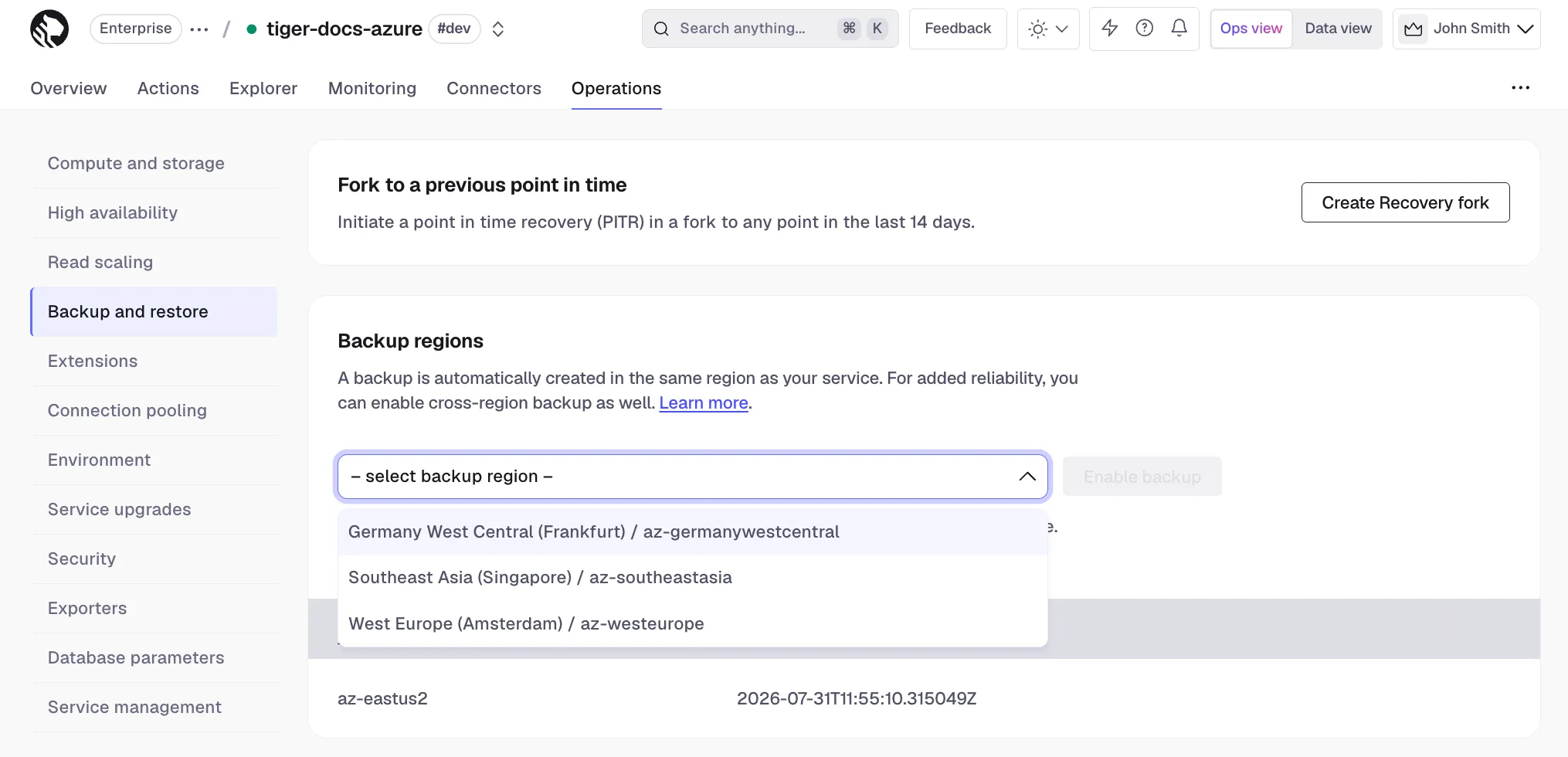 Creating a cross-region backup in Tiger Console