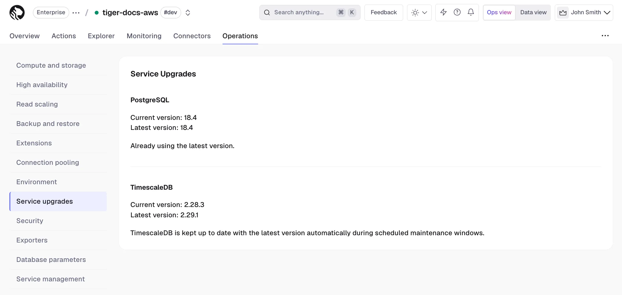 Service upgrades panel in Tiger Console showing current and latest PostgreSQL and TimescaleDB versions